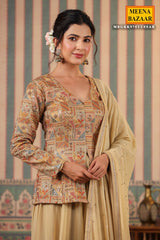 Tussar Silk Sequins Thread and Zari Embroidered Short Kurti with Georgette Sharara Suit