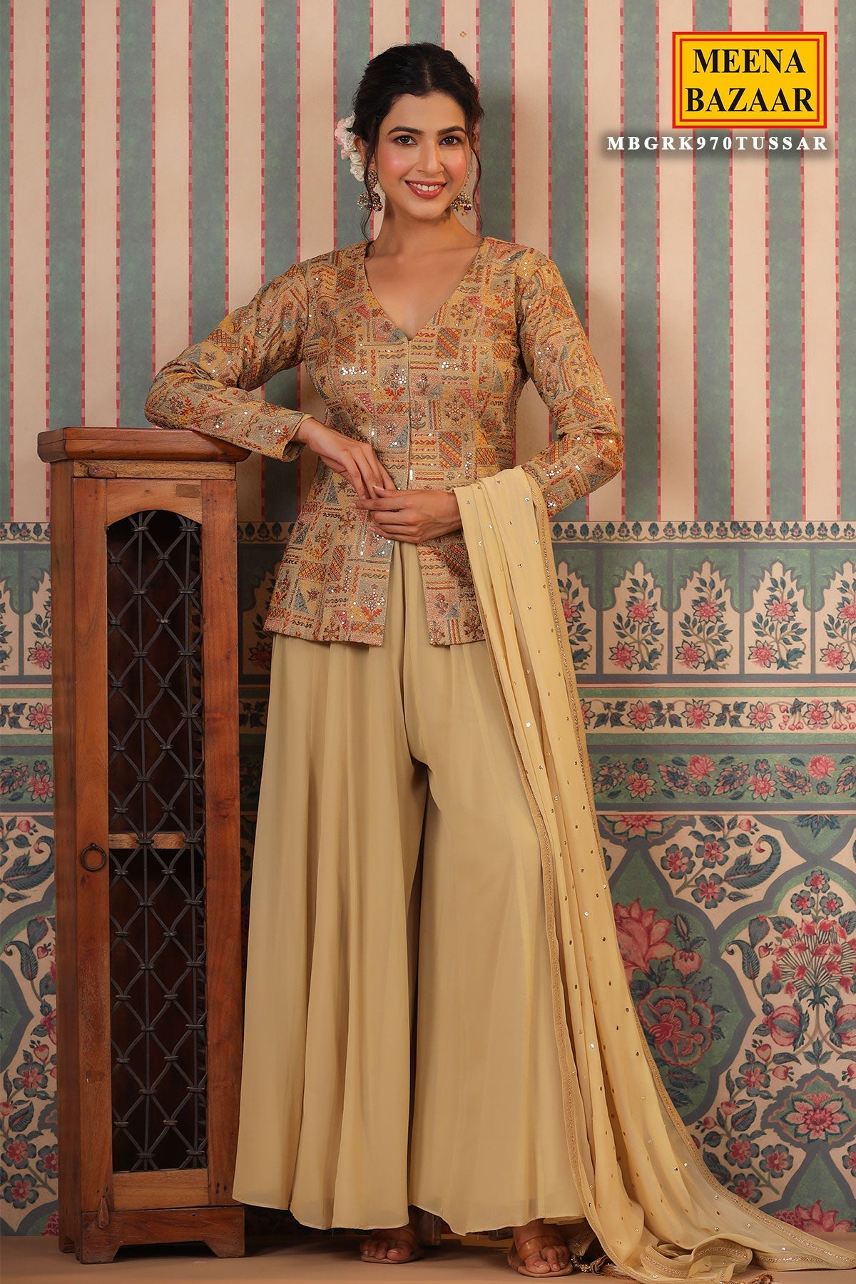 Tussar Silk Sequins Thread and Zari Embroidered Short Kurti with Georgette Sharara Suit