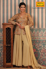 Tussar Silk Sequins Thread and Zari Embroidered Short Kurti with Georgette Sharara Suit