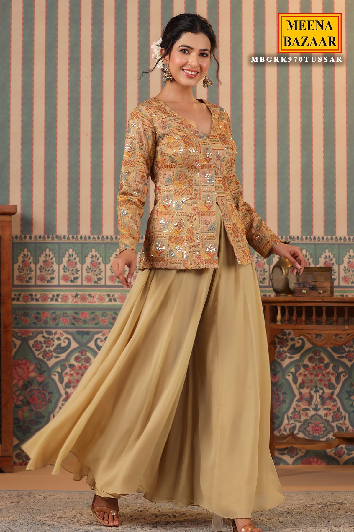 Tussar Silk Sequins Thread and Zari Embroidered Short Kurti with Georgette Sharara Suit