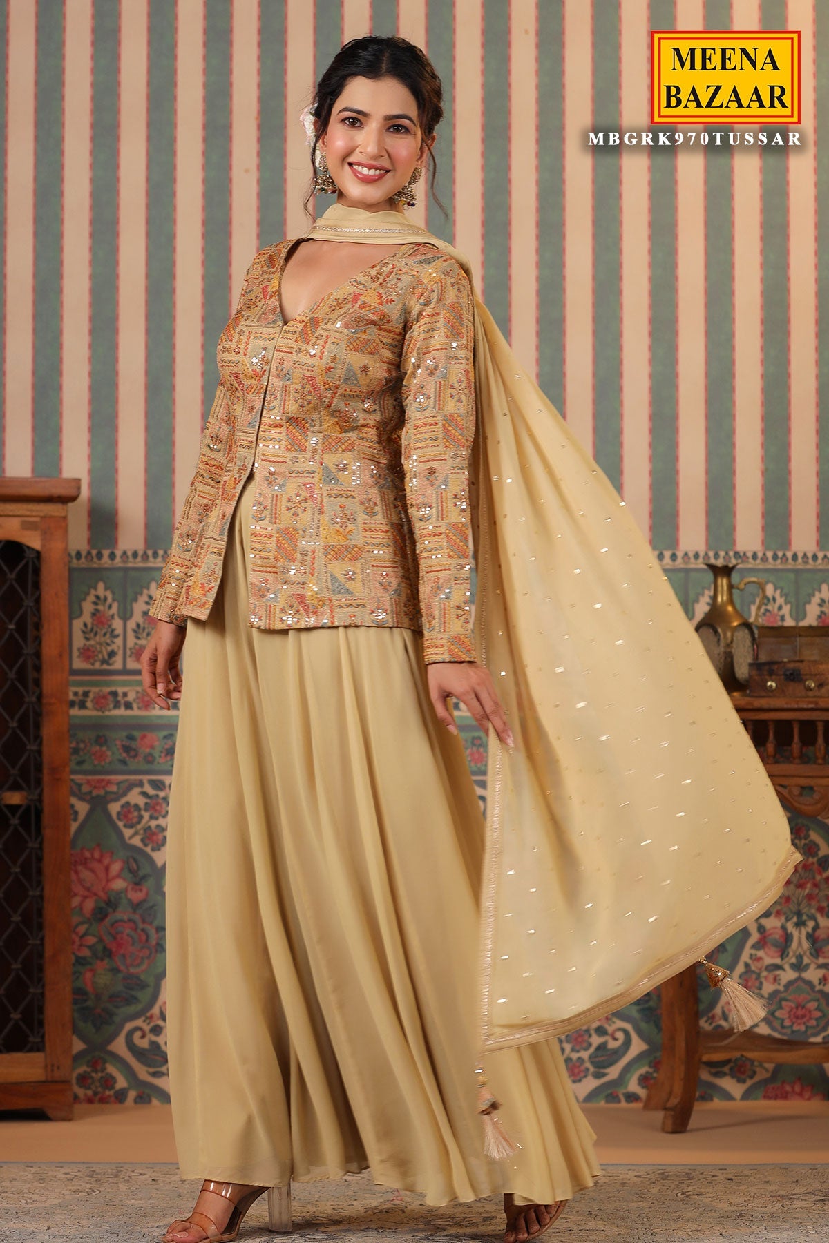 Tussar Silk Sequins Thread and Zari Embroidered Short Kurti with Georgette Sharara Suit