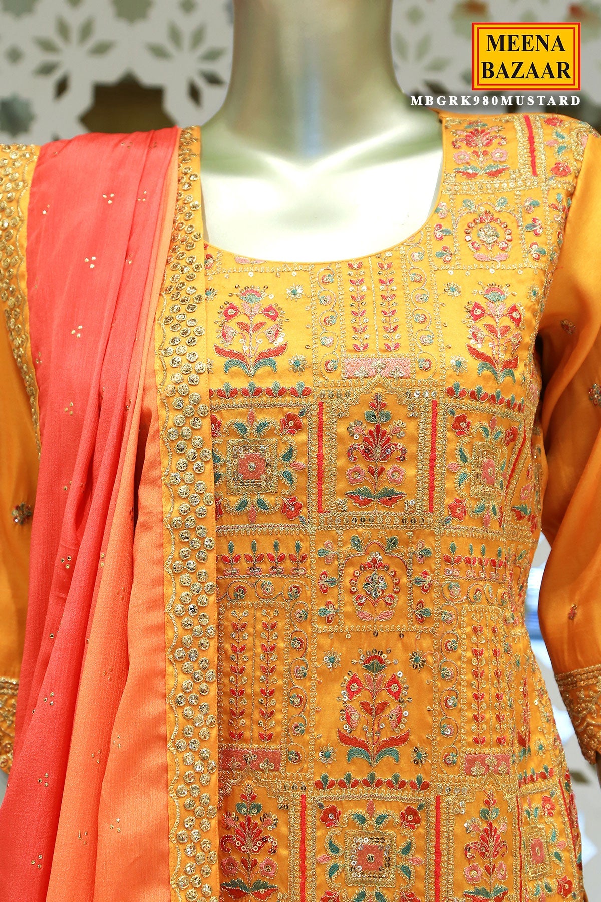Mustard Tussar Silk Sequin Embroidered Unstitched Suit