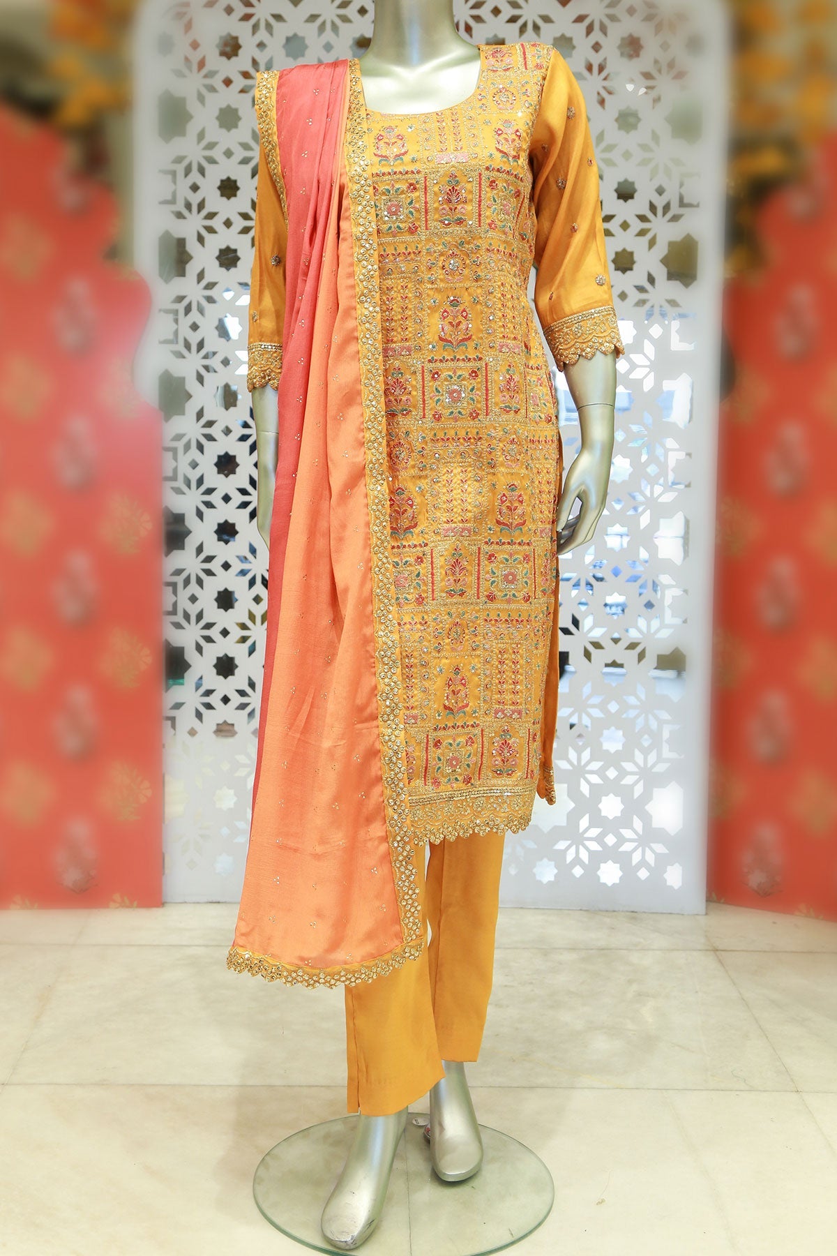 Mustard Tussar Silk Sequin Embroidered Unstitched Suit