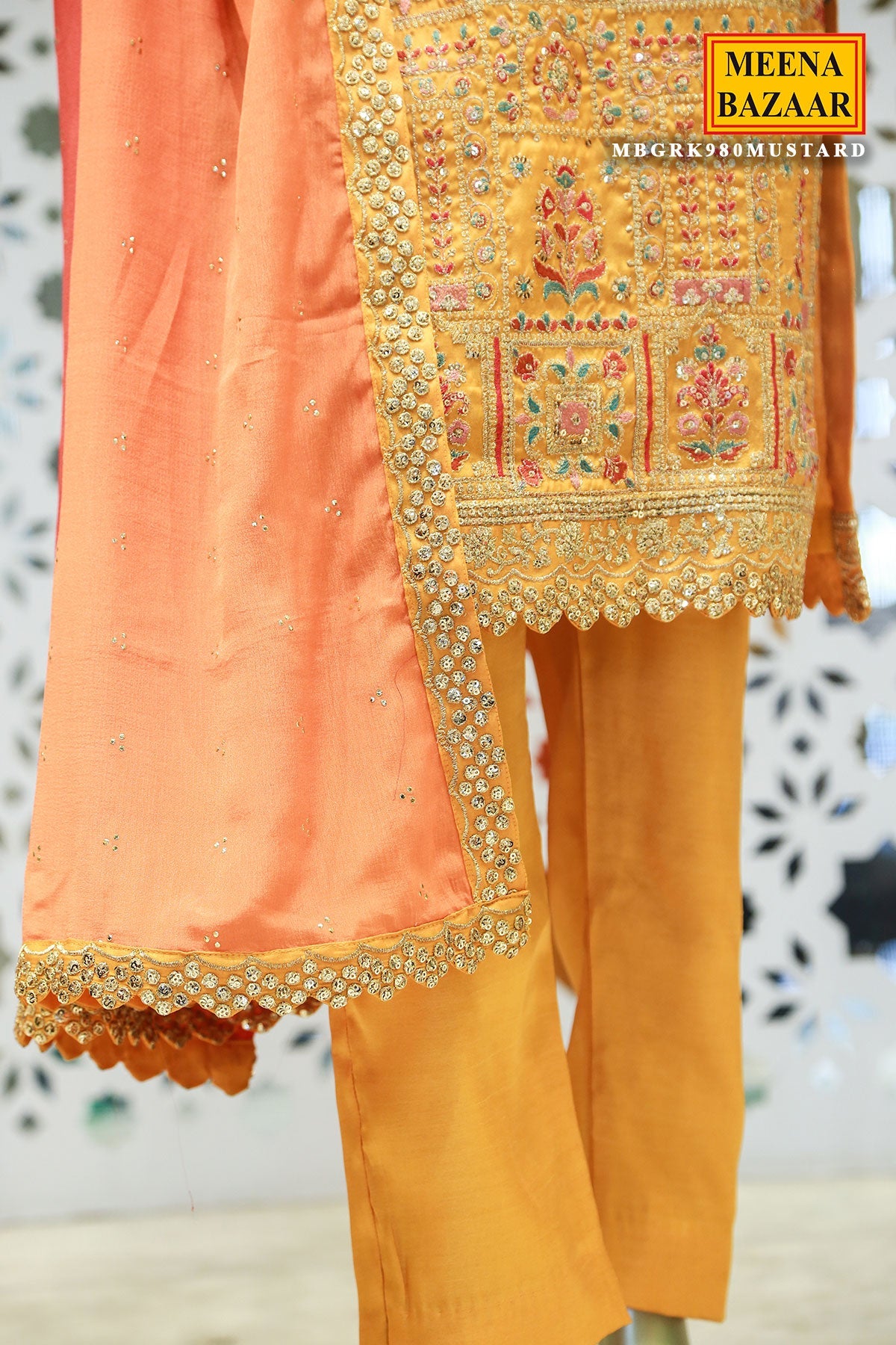 Mustard Tussar Silk Sequin Embroidered Unstitched Suit