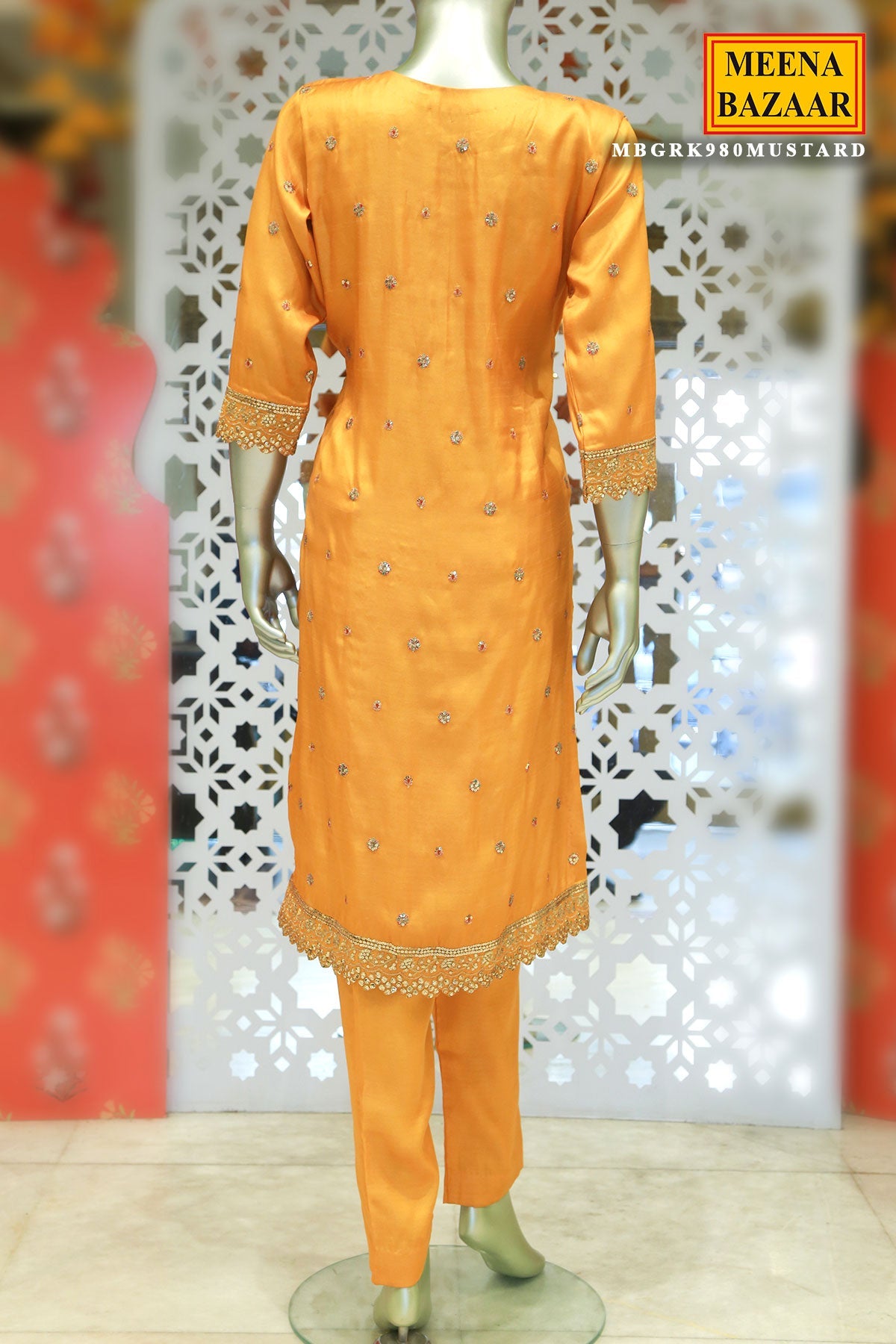 Mustard Tussar Silk Sequin Embroidered Unstitched Suit