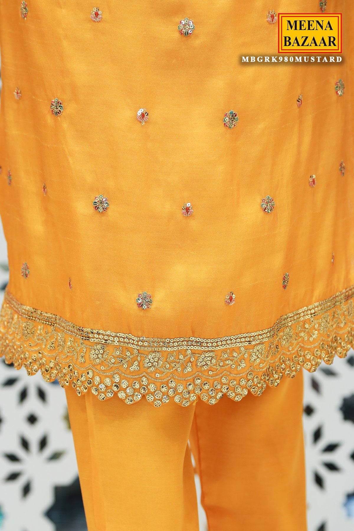 Mustard Tussar Silk Sequin Embroidered Unstitched Suit