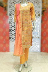Mustard Tussar Silk Sequin Embroidered Unstitched Suit