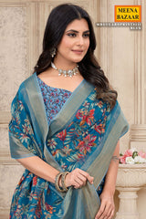 Blue Organza Saree with Floral Embroidery & Printed Detailing