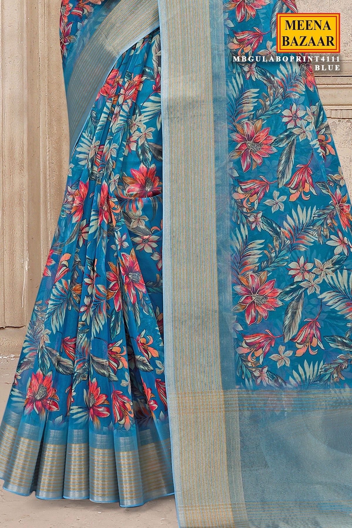 Blue Organza Saree with Floral Embroidery & Printed Detailing