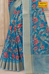 Blue Organza Saree with Floral Embroidery & Printed Detailing