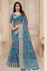 Blue Organza Saree with Floral Embroidery & Printed Detailing