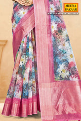 Pink Organza Saree with Floral Embroidery & Shimmer Border