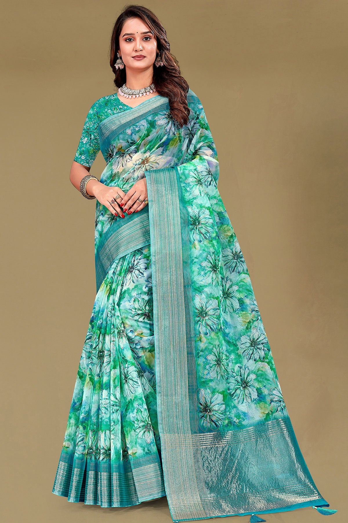 Rama Organza Saree with Floral Embroidery & Shimmer Border