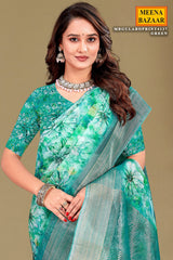 Rama Organza Saree with Floral Embroidery & Shimmer Border