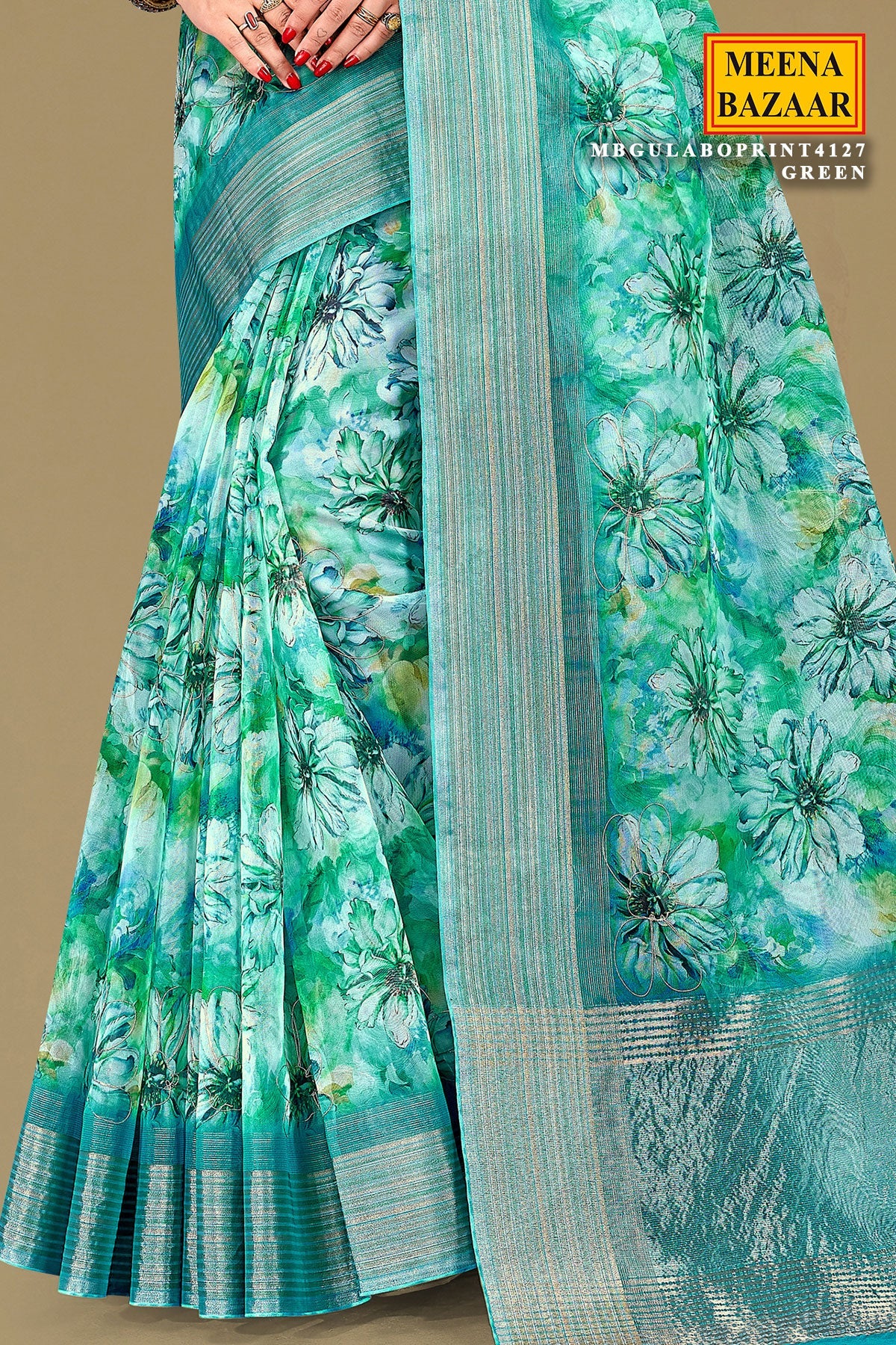 Rama Organza Saree with Floral Embroidery & Shimmer Border