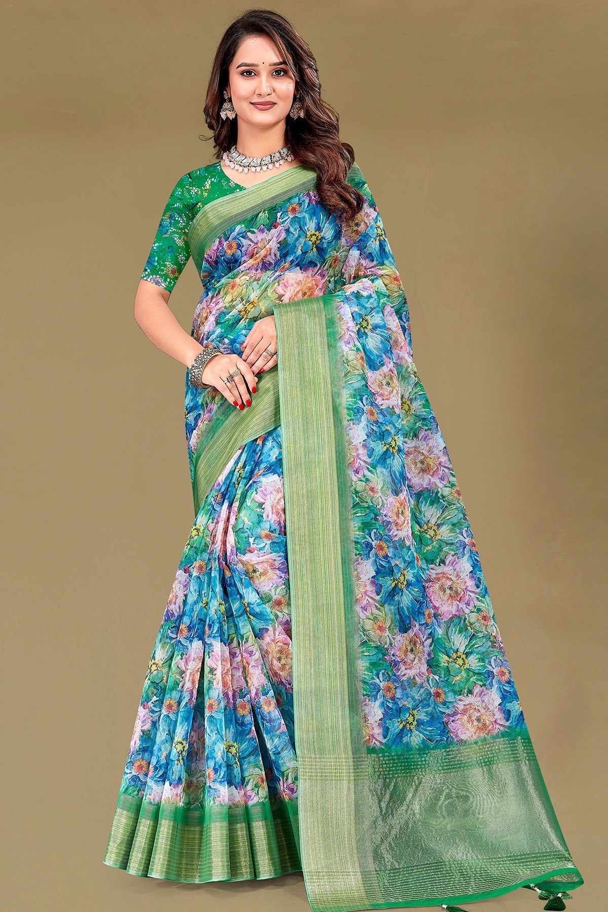 Green Organza Saree with Floral Embroidery & Shimmer Border