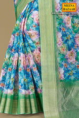 Green Organza Saree with Floral Embroidery & Shimmer Border