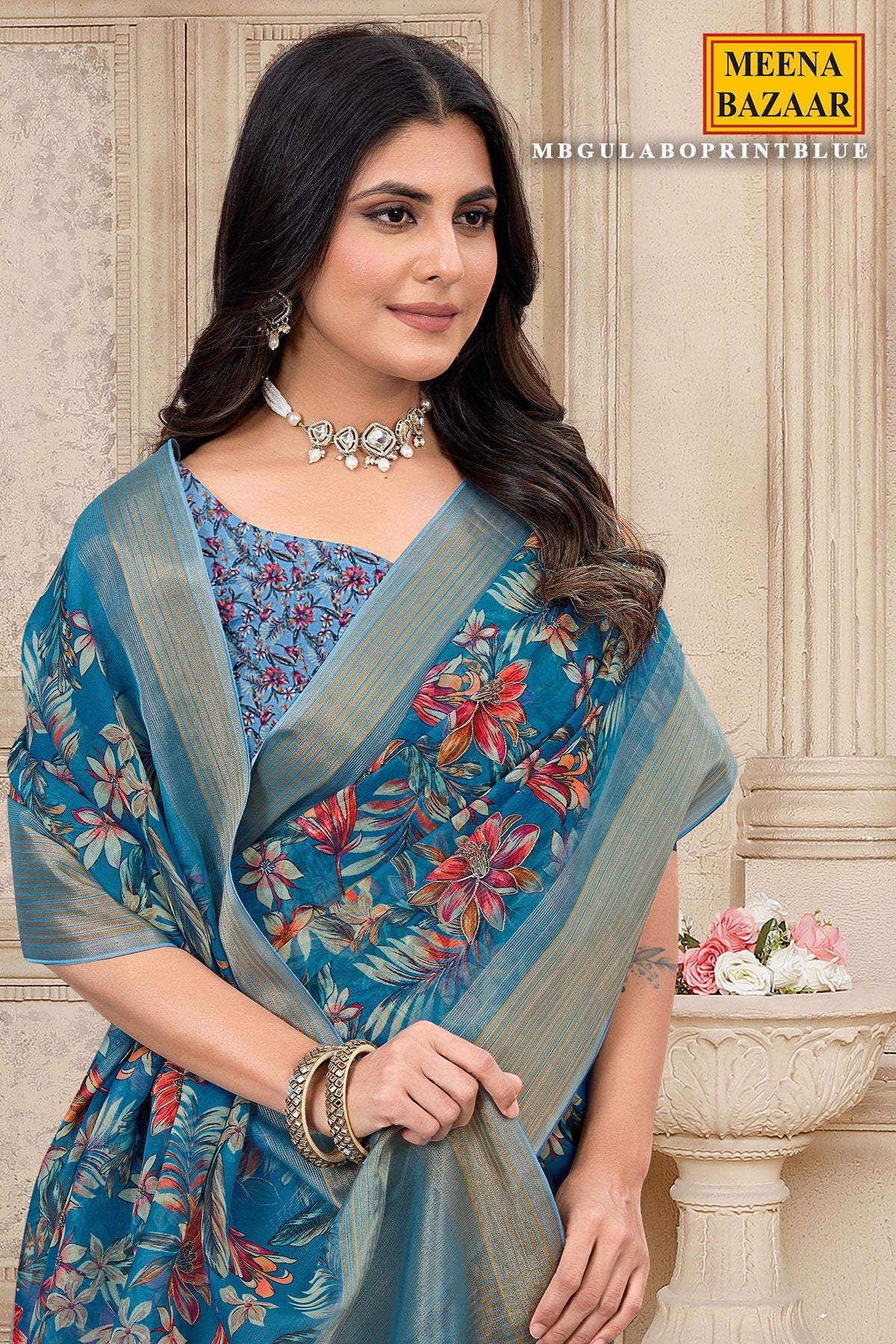 Gulabo Print Blue Cotton Embroidered Border Saree