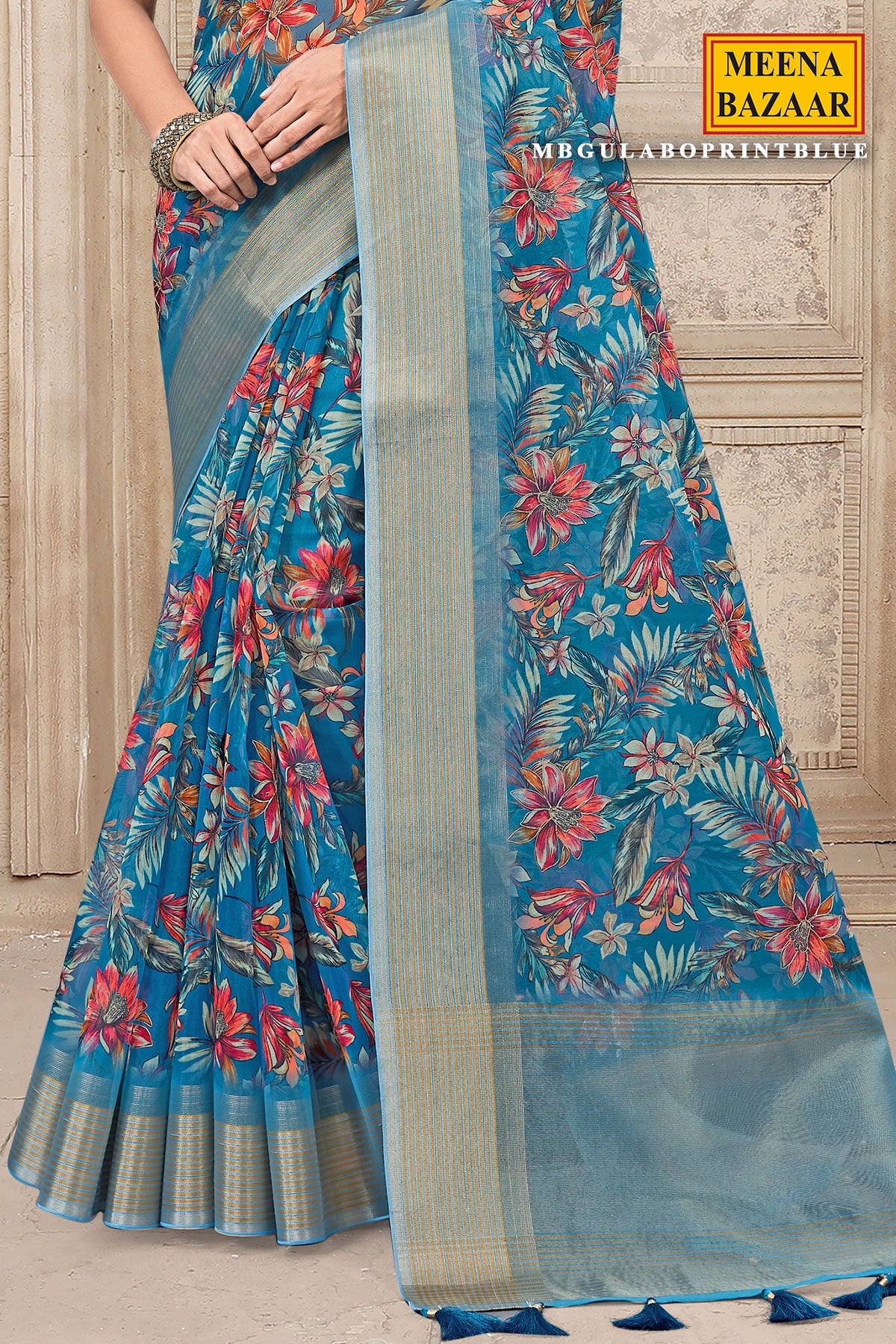 Gulabo Print Blue Cotton Embroidered Border Saree