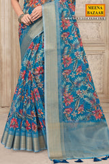 Gulabo Print Blue Cotton Embroidered Border Saree