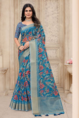 Gulabo Print Blue Cotton Embroidered Border Saree