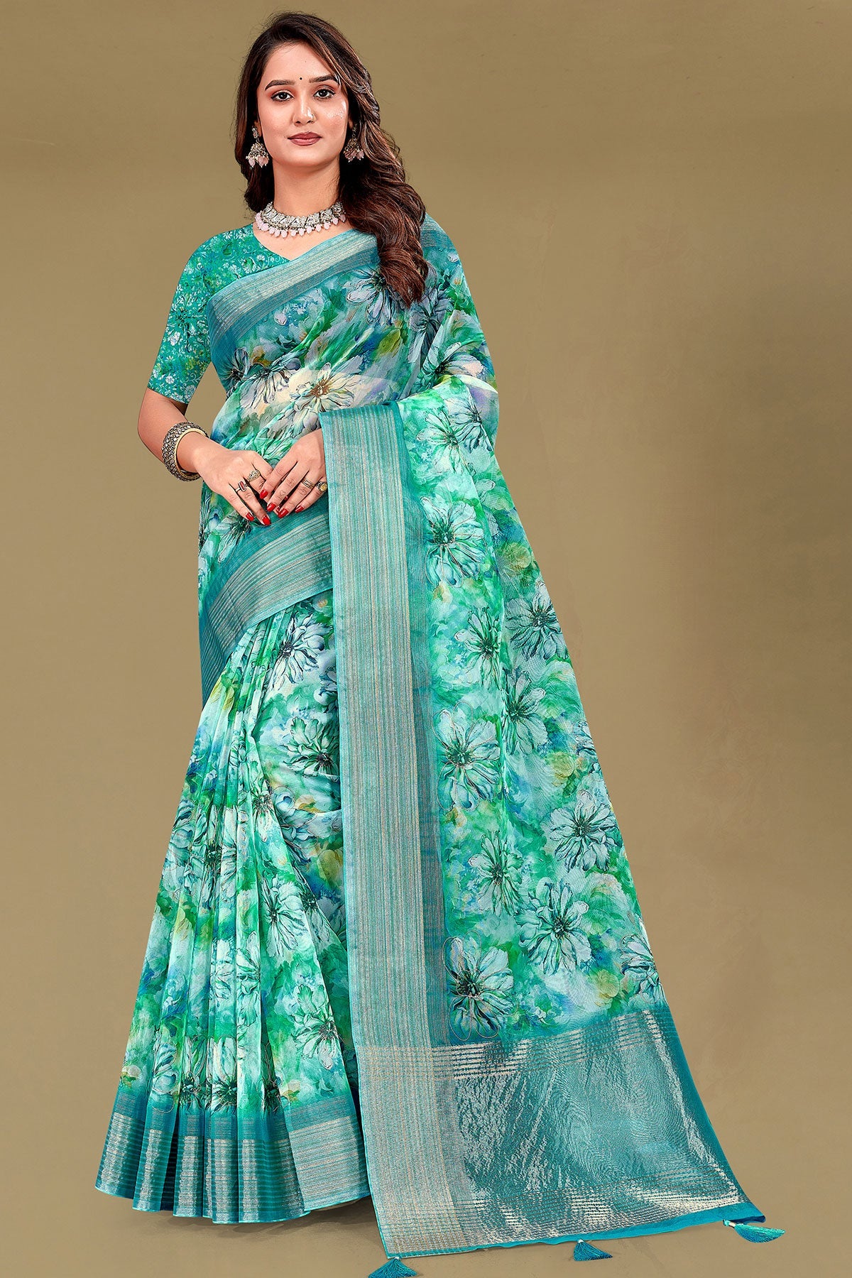 Gulabo Print  Sea Green Cotton Saree