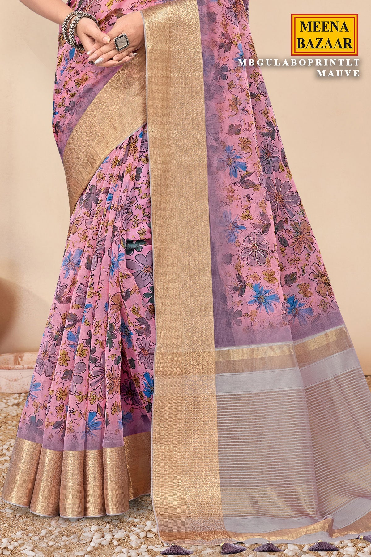 Gulabo Print  Mauve Cotton Embroidered Border Saree