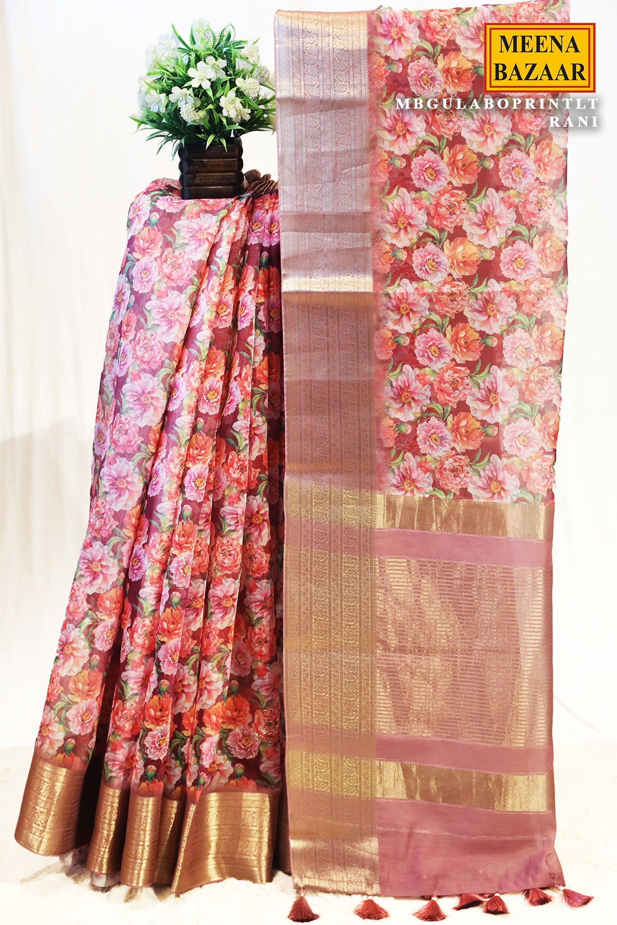 Gulabo Print Rani Cotton Embroidered Border Saree