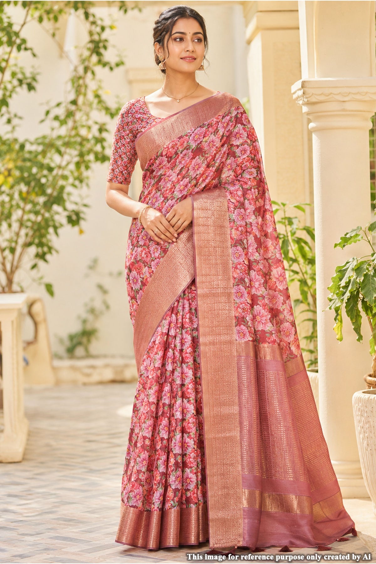 Gulabo Print Rani Cotton Embroidered Border Saree
