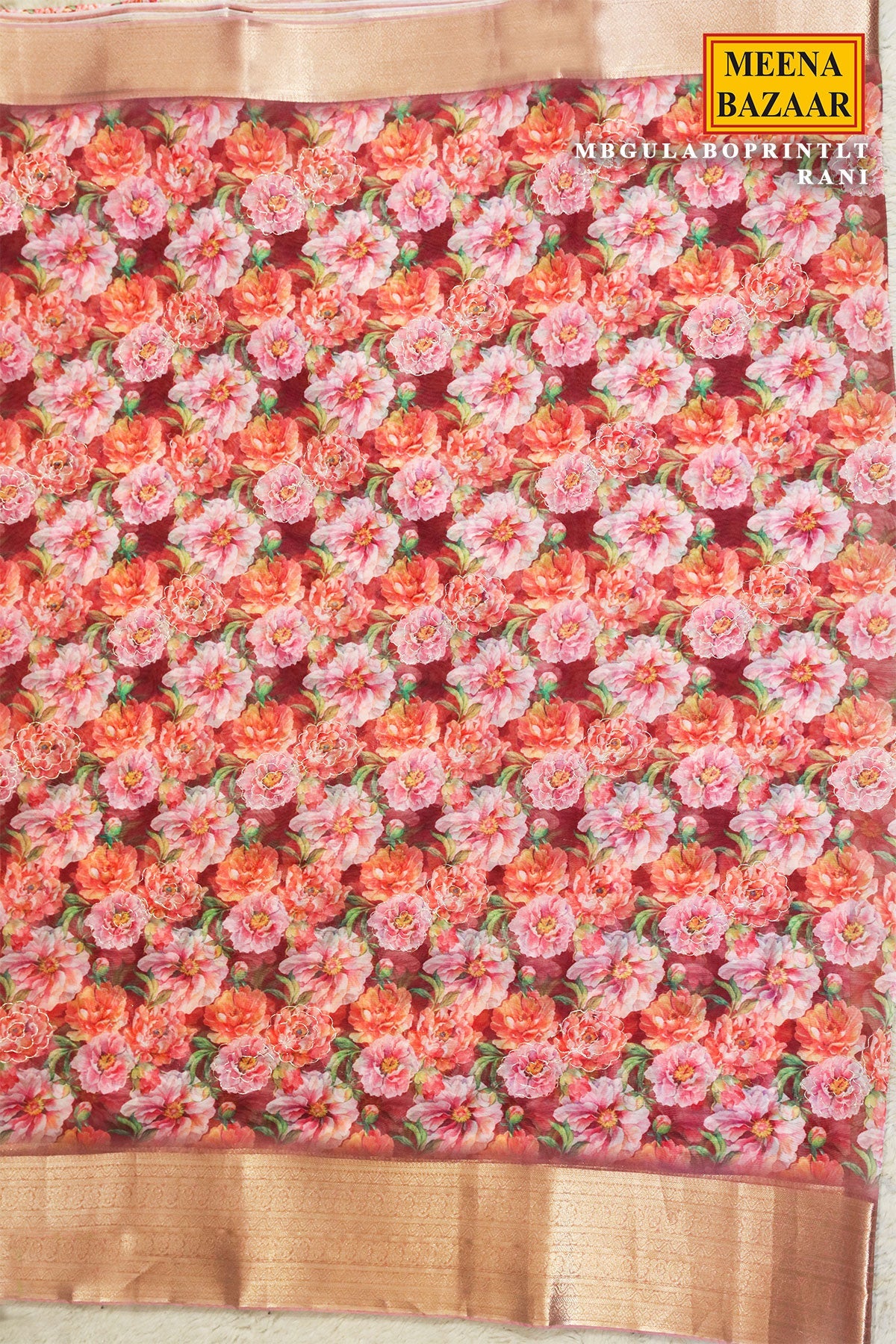 Gulabo Print Rani Cotton Embroidered Border Saree