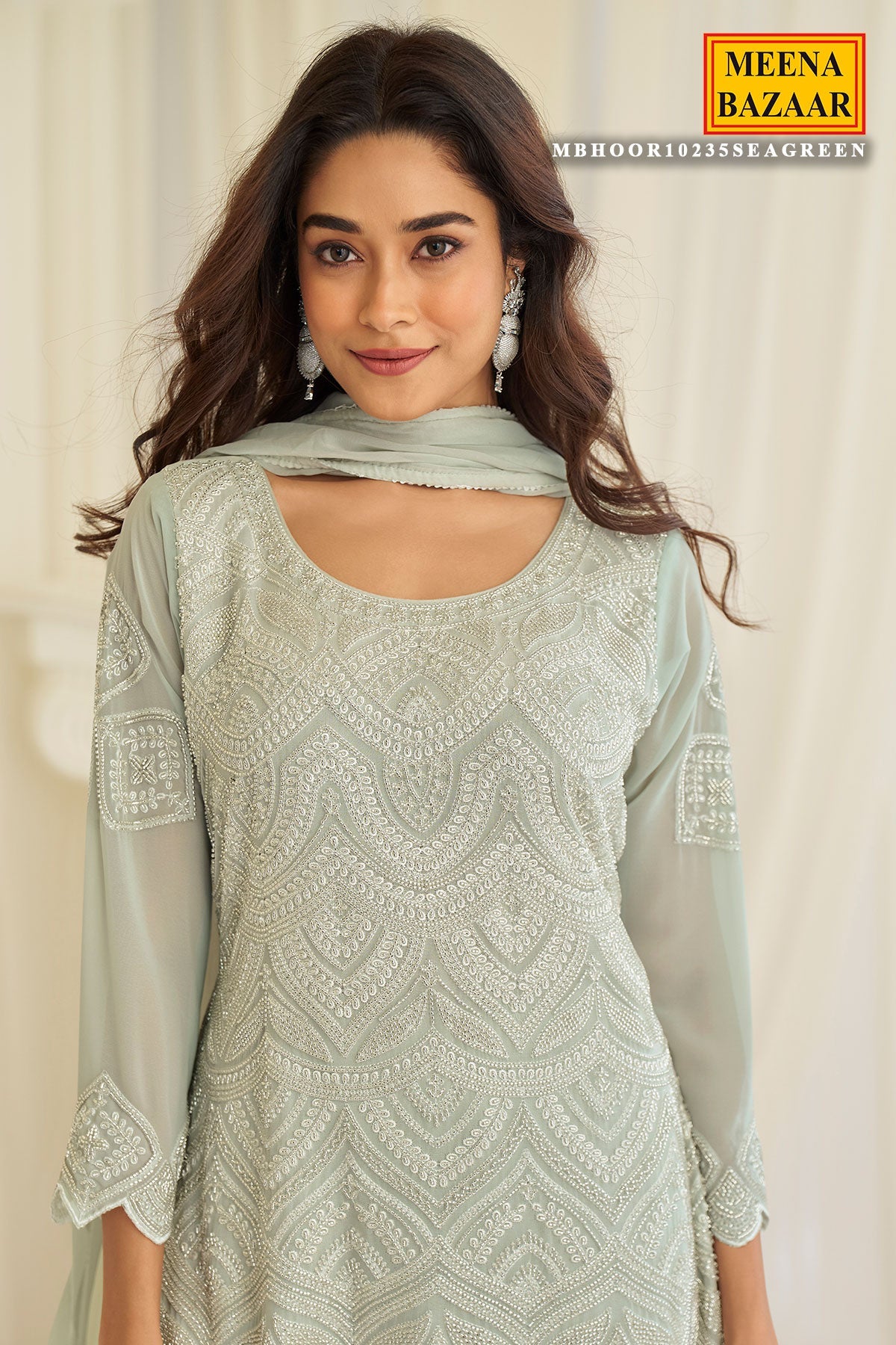 Elegant Sea Green Georgette Ready-Made Suit with Cut Dana & Thread Work