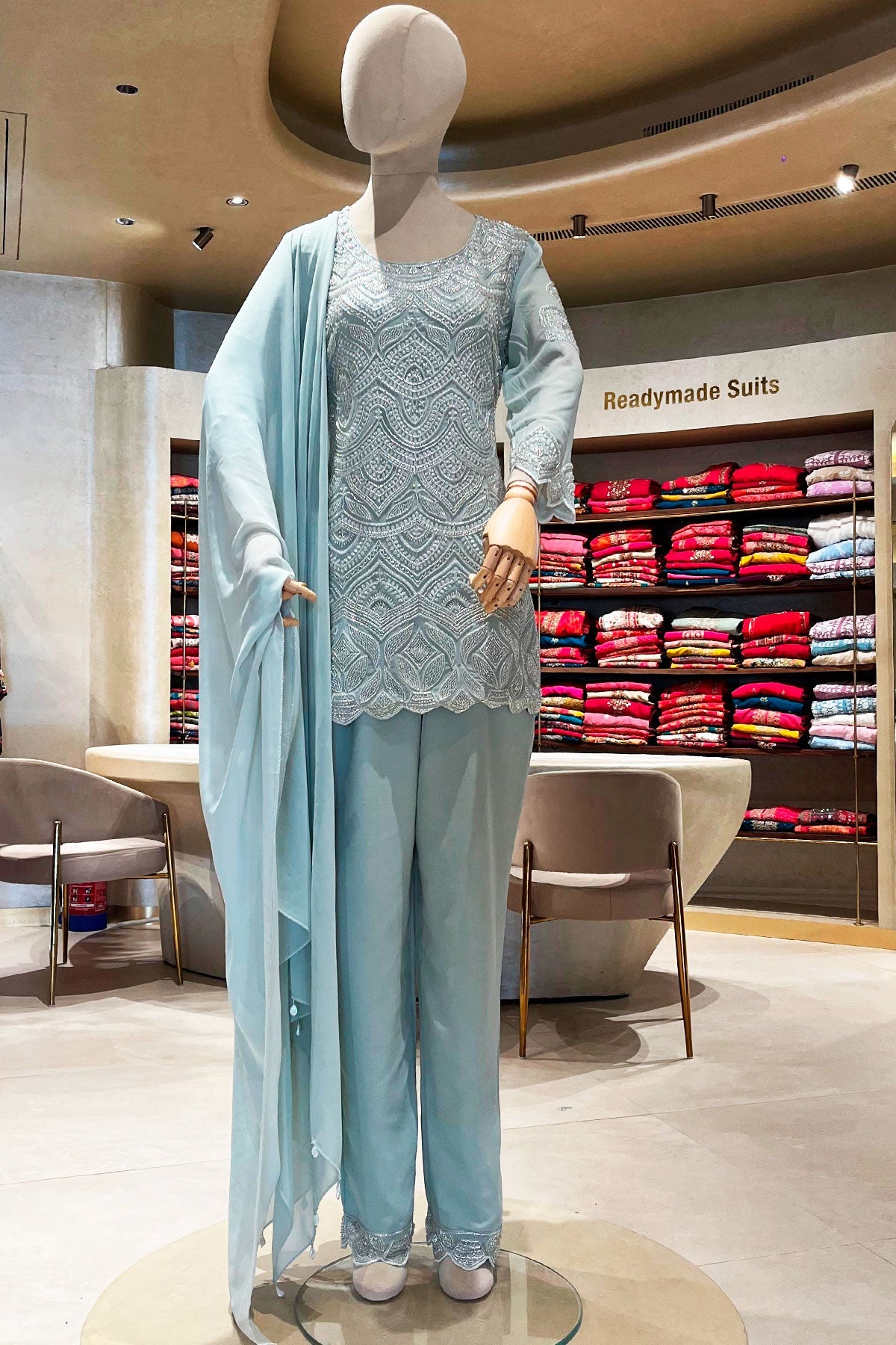 Elegant Sea Green Georgette Ready-Made Suit with Cut Dana & Thread Work