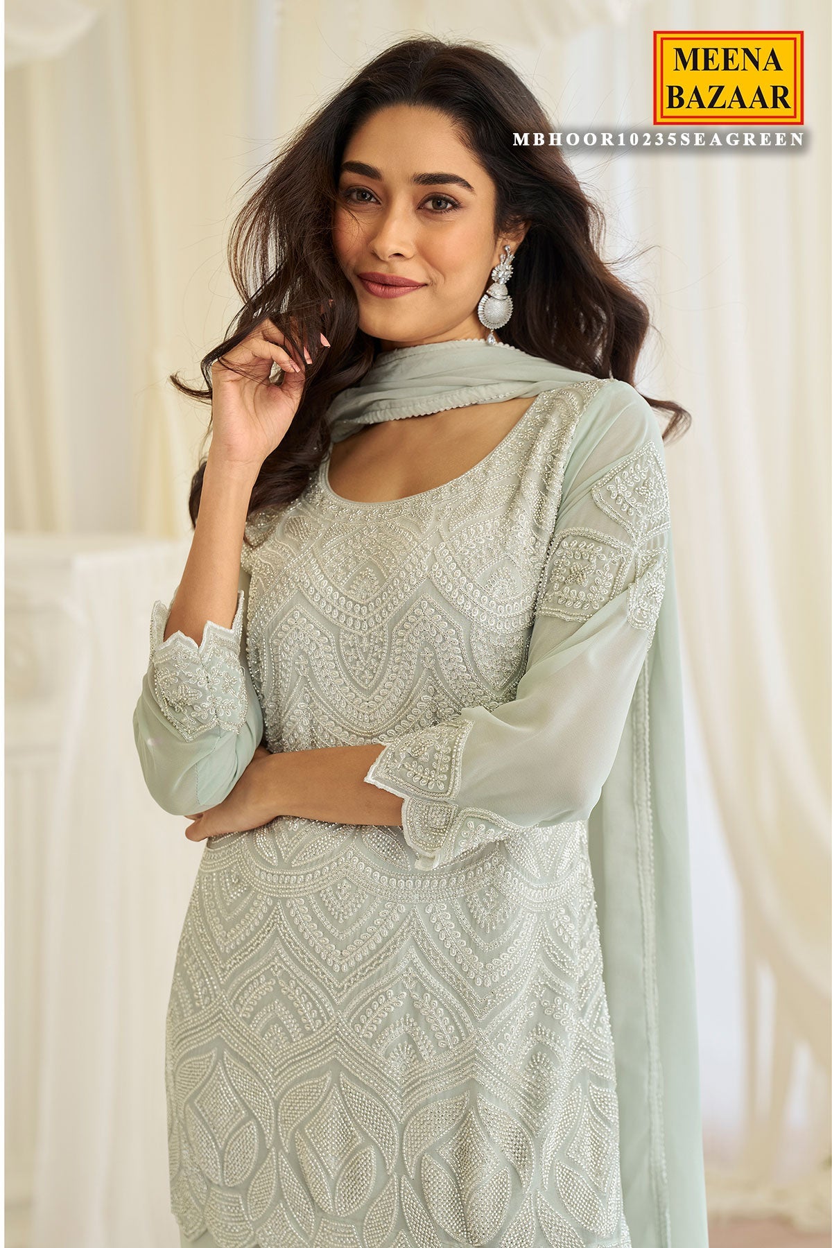 Elegant Sea Green Georgette Ready-Made Suit with Cut Dana & Thread Work