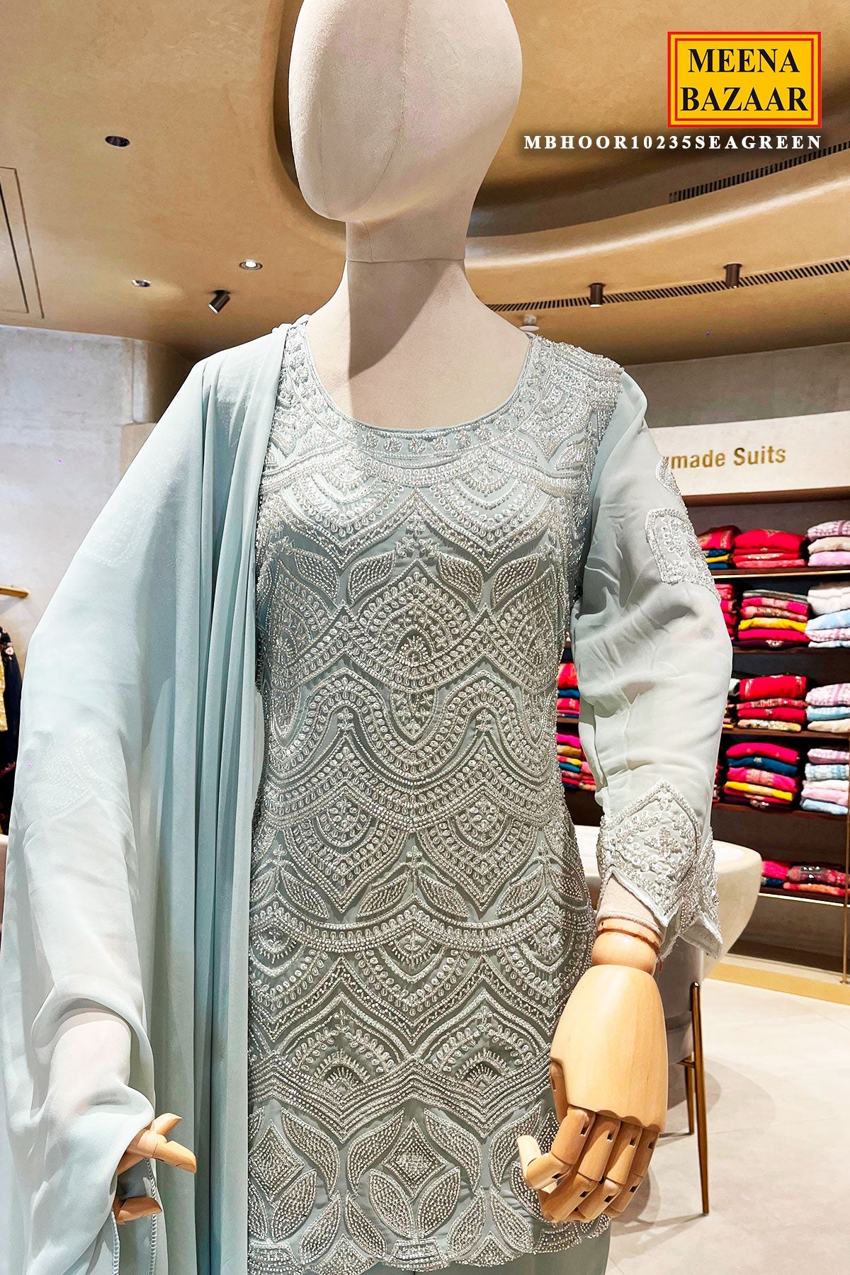 Elegant Sea Green Georgette Ready-Made Suit with Cut Dana & Thread Work