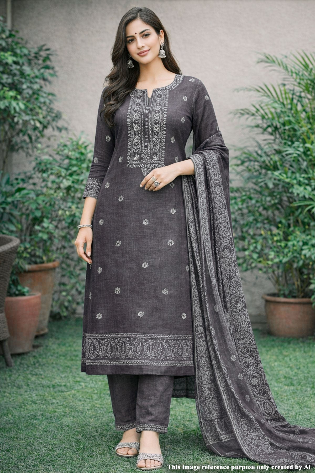 Grey Cotton Embroidered Unstitched Suit