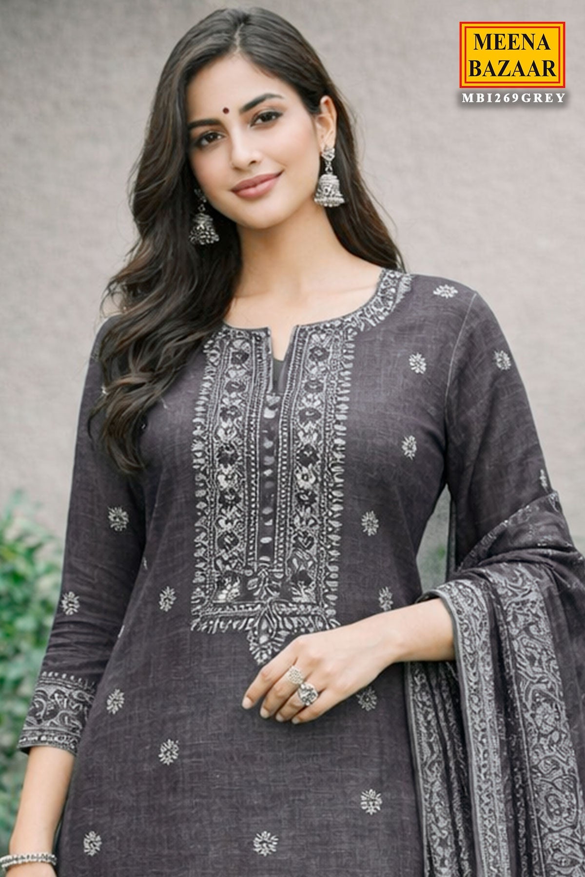 Grey Cotton Embroidered Unstitched Suit Set