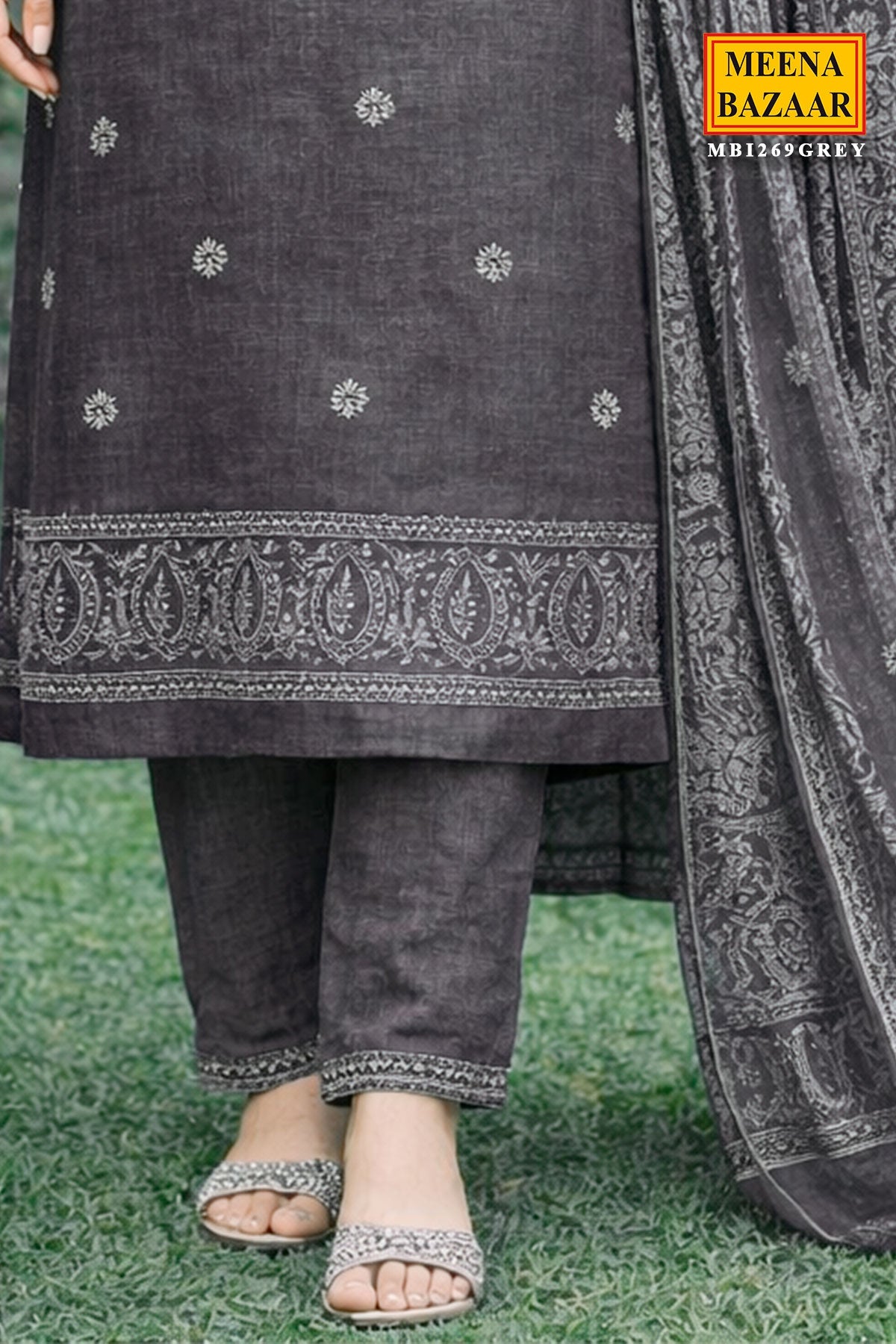 Grey Cotton Embroidered Unstitched Suit
