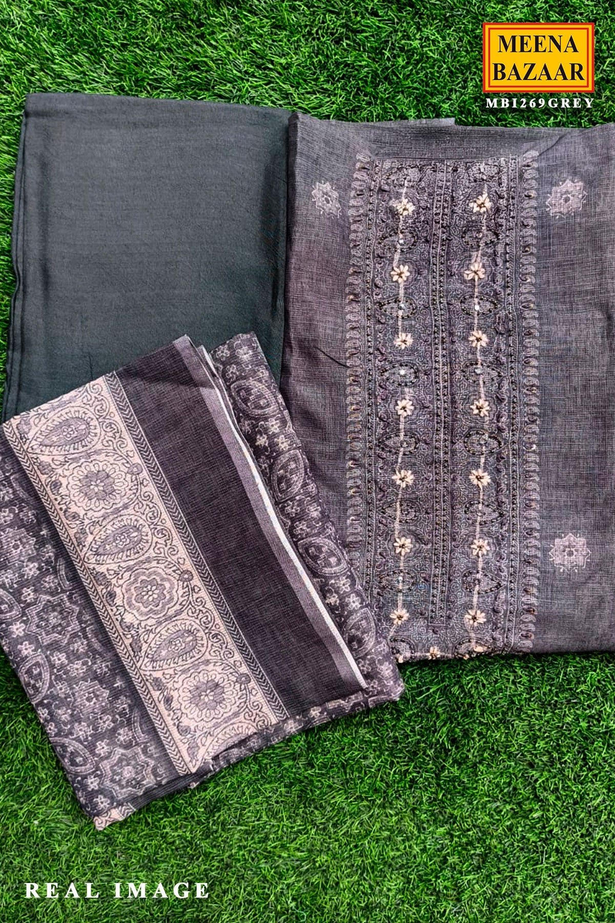 Grey Cotton Embroidered Unstitched Suit Set