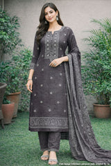 Grey Cotton Embroidered Unstitched Suit