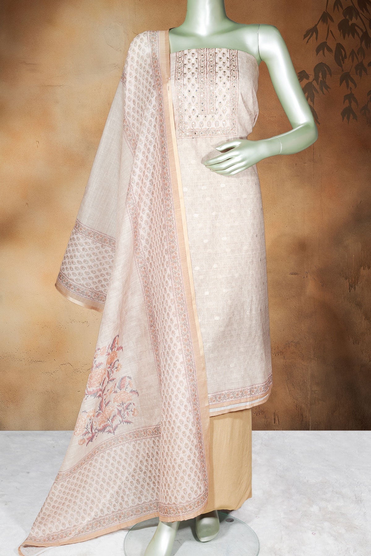 Mustard Printed Cotton Unstitched Suit with Dupatta