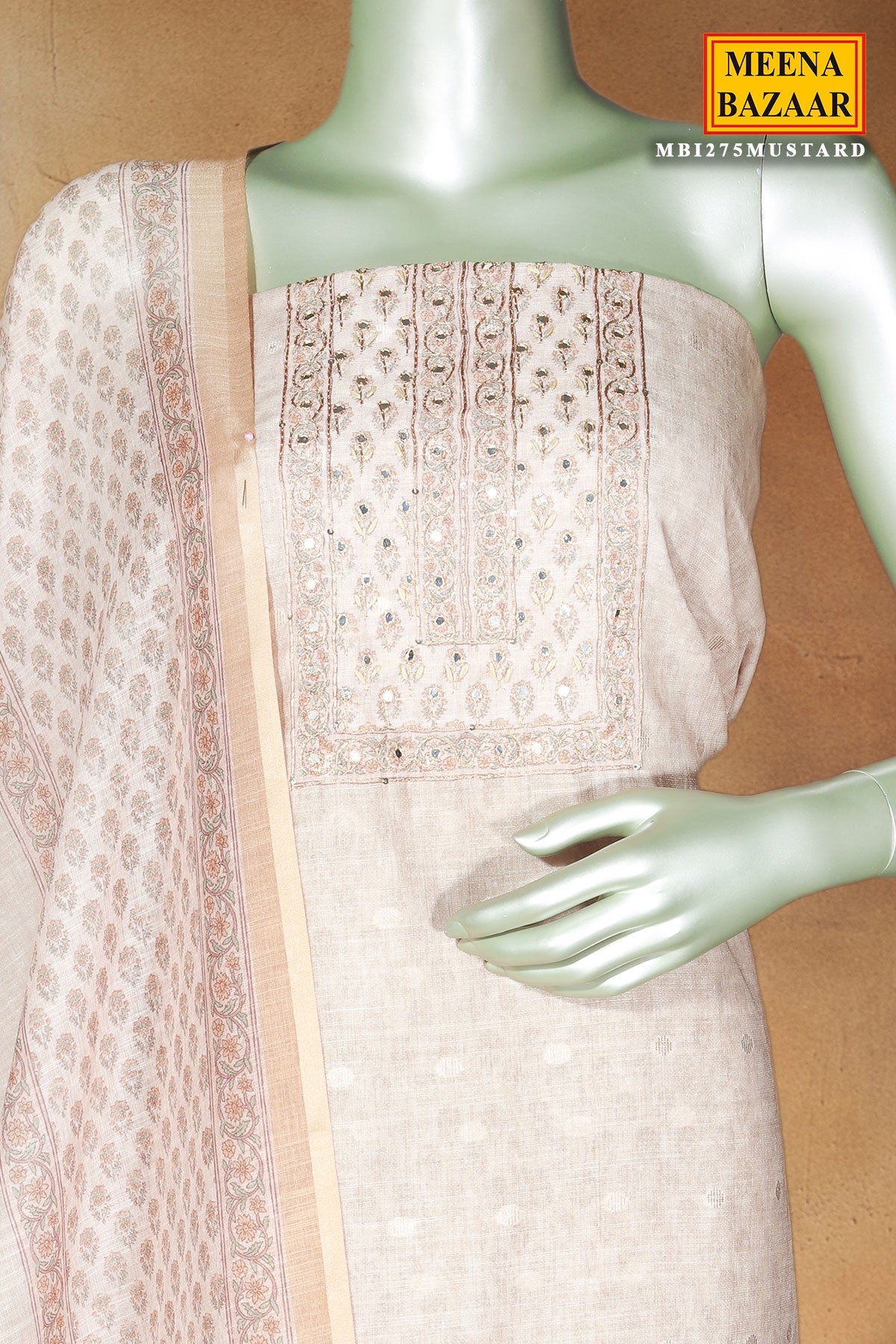 Mustard Printed Cotton Unstitched Suit with Dupatta