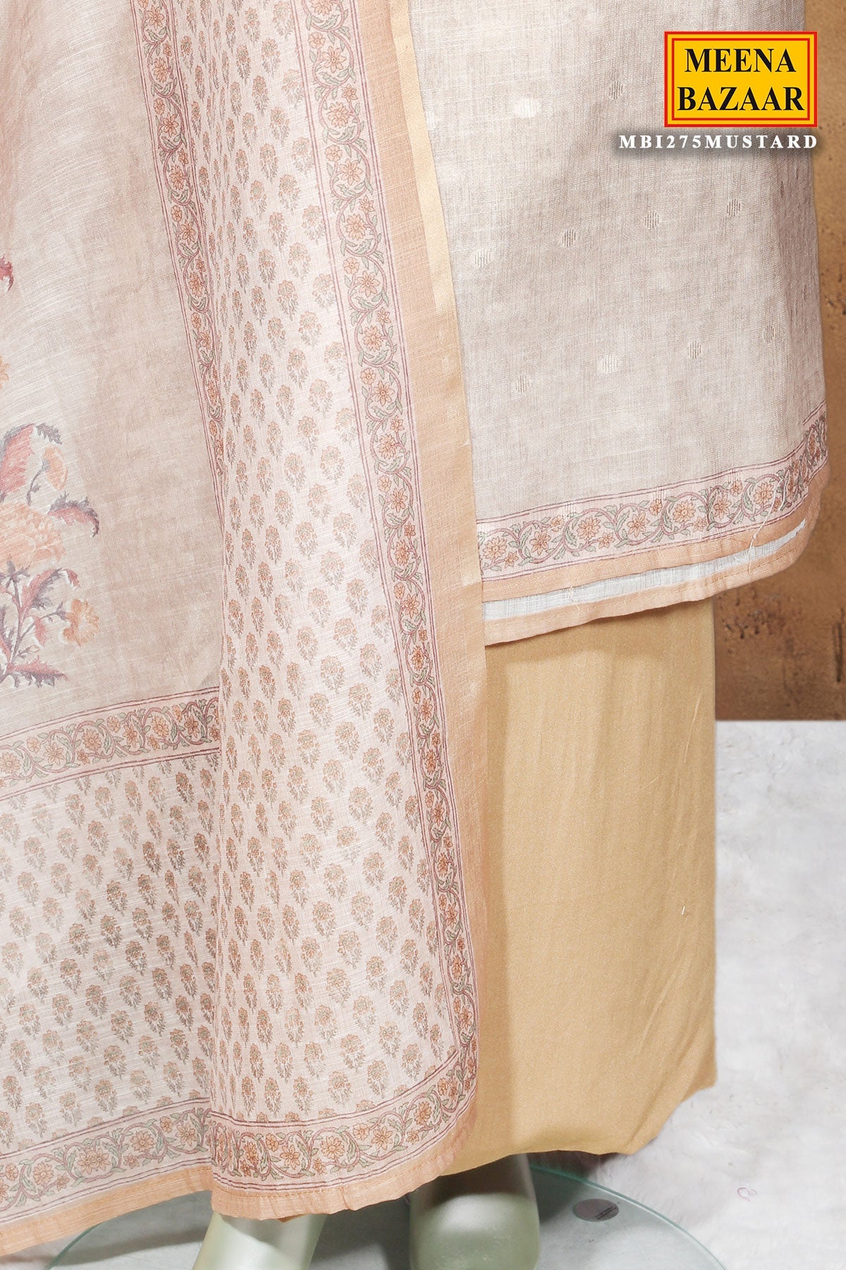 Mustard Printed Cotton Unstitched Suit with Dupatta