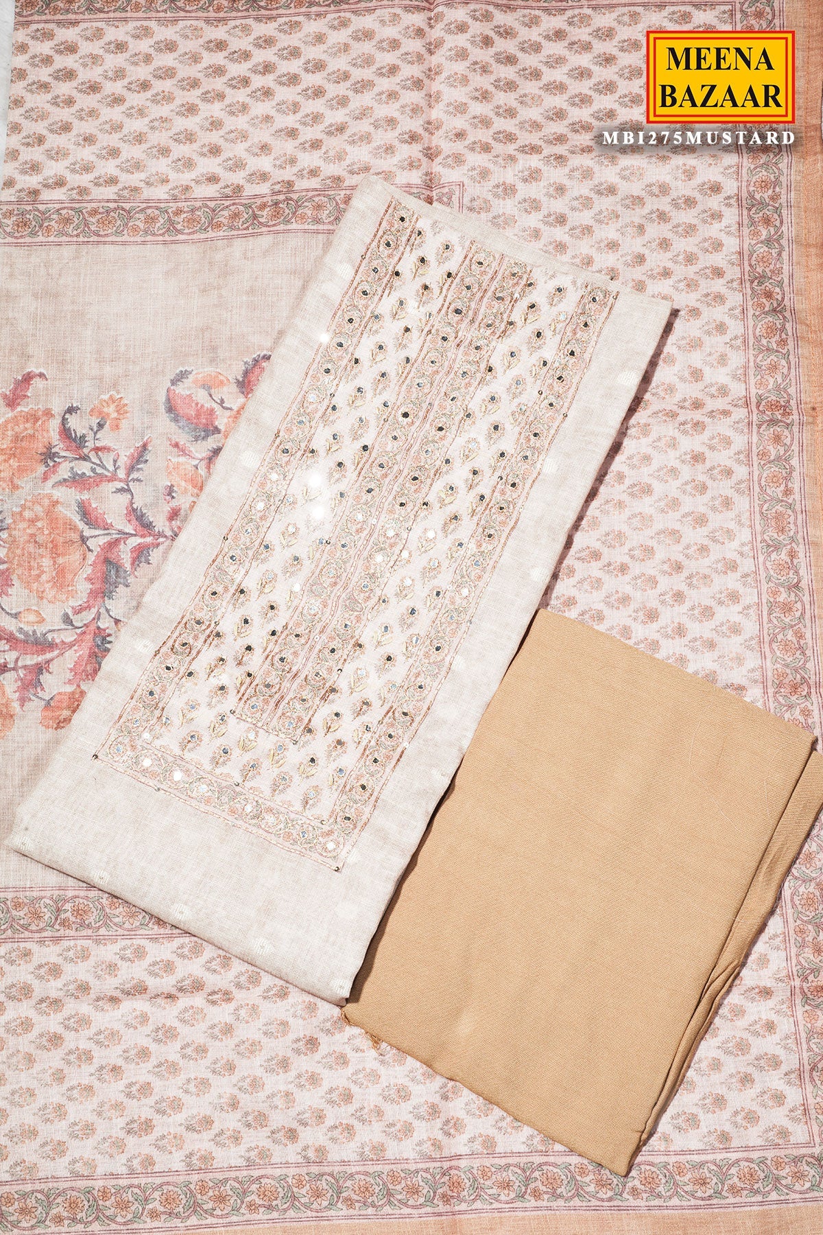 Mustard Printed Cotton Unstitched Suit with Dupatta