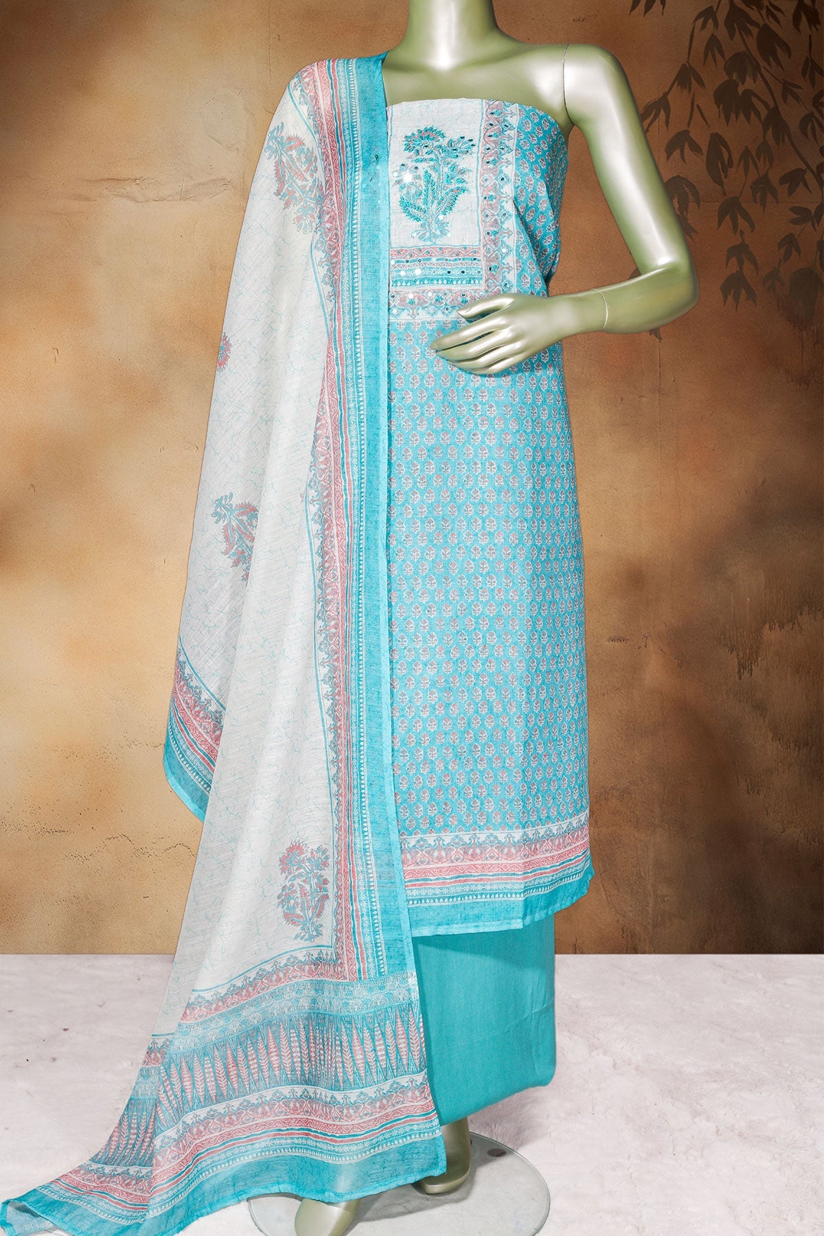 Firozi Cotton Unstitched Suit with Embroidery