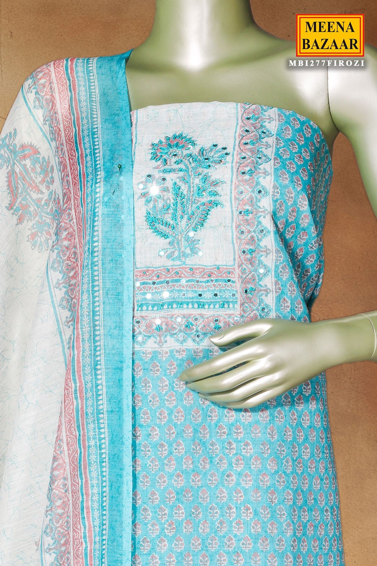 Firozi Cotton Unstitched Suit with Embroidery
