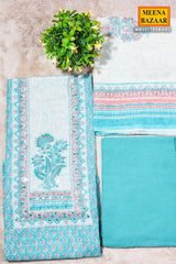 Firozi Cotton Unstitched Suit with Embroidery