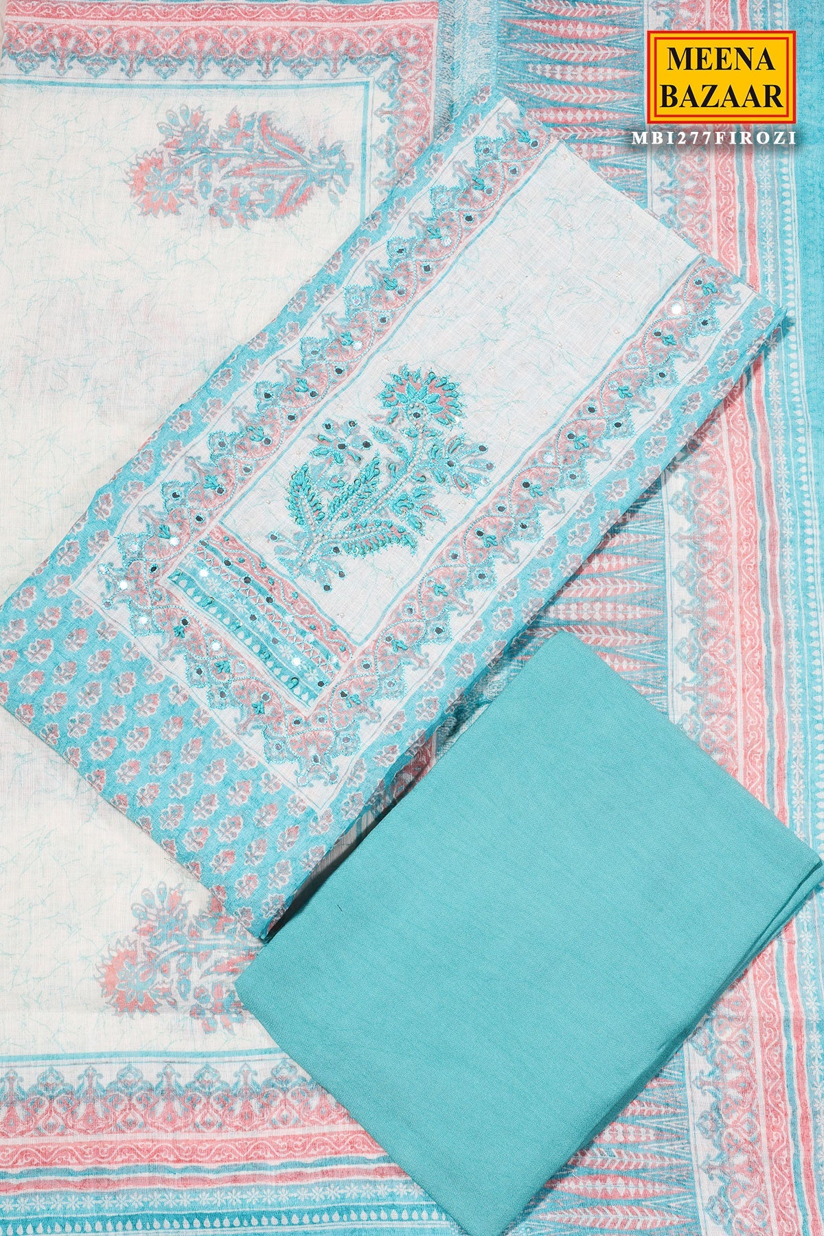 Firozi Cotton Unstitched Suit with Embroidery