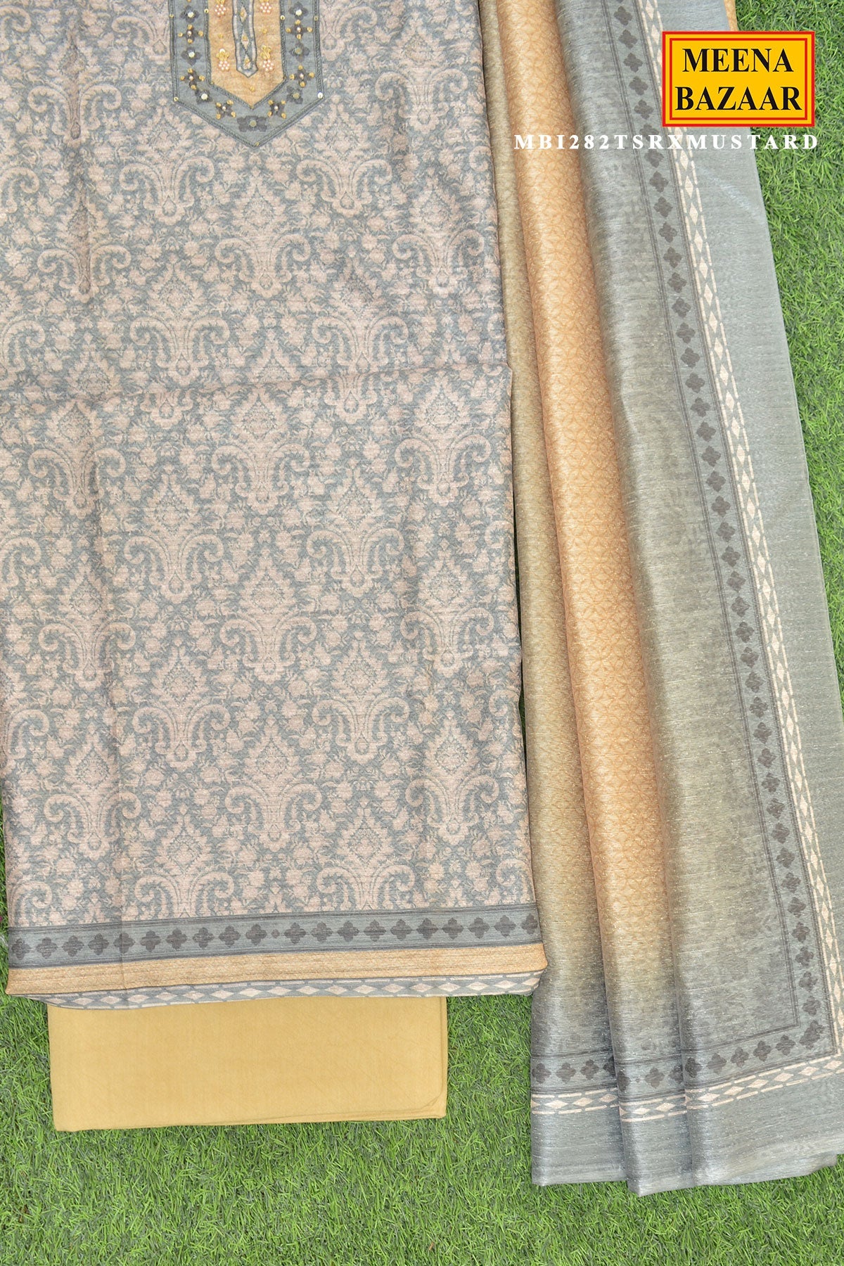 Unstiched Grey Kurta Set with Mustard Pants & Dupatta