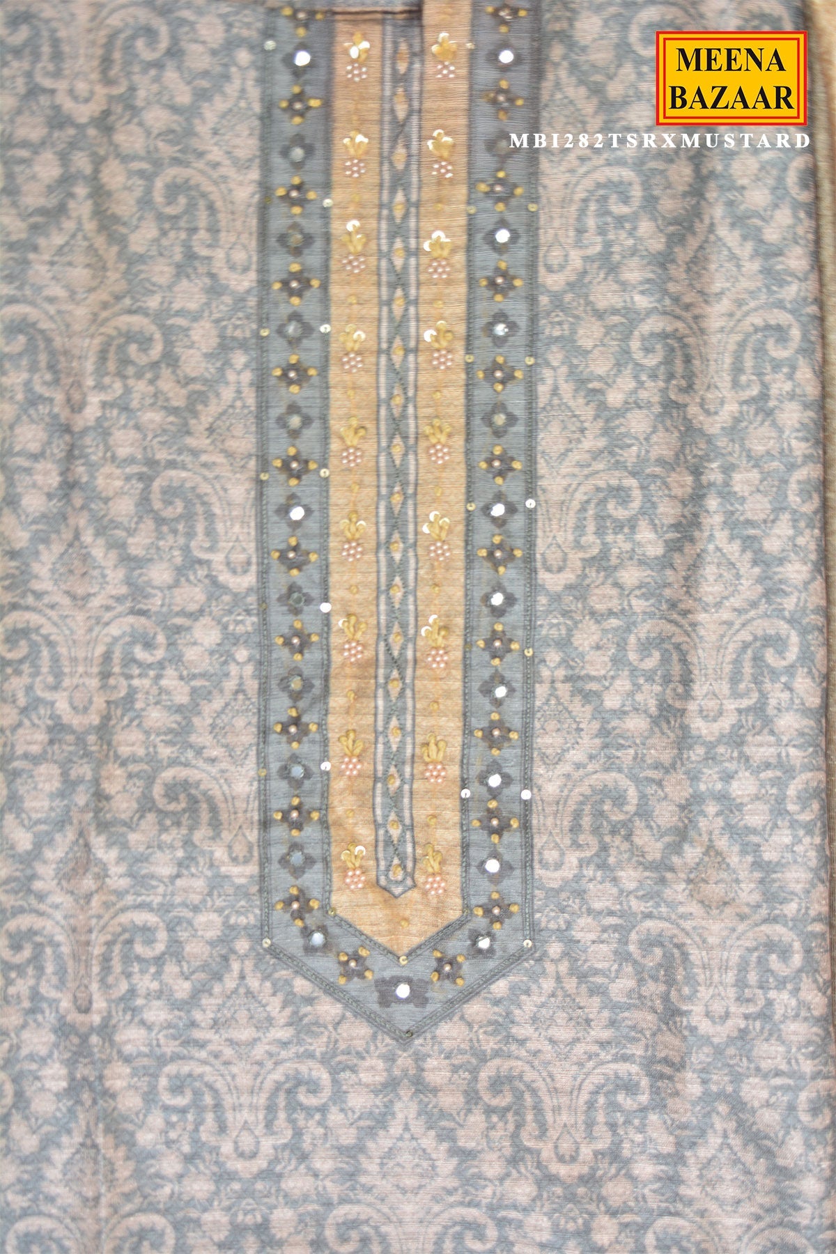 Unstiched Grey Kurta Set with Mustard Pants & Dupatta