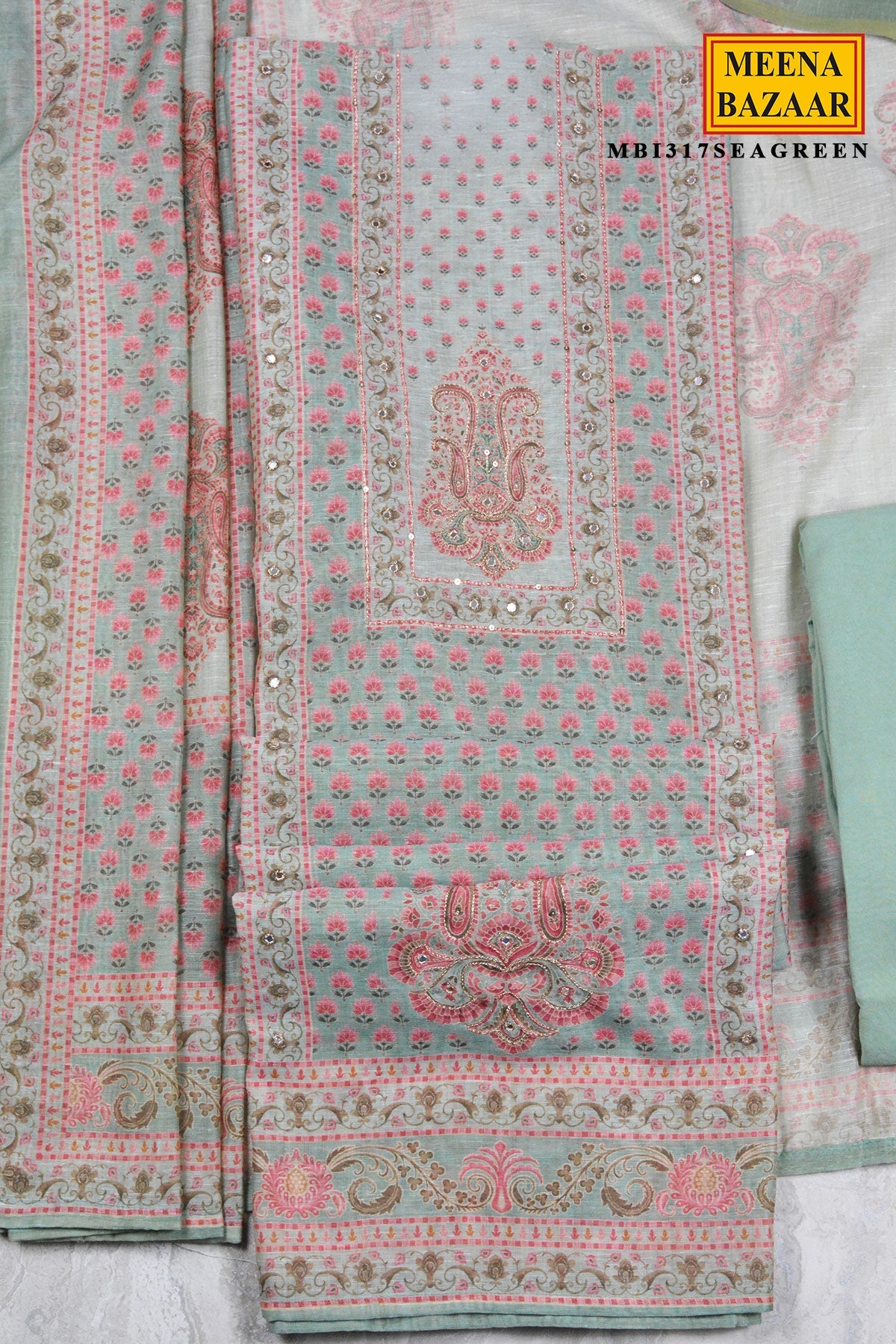 Sea Green Printed Unstitched Suit Set with Dupatta